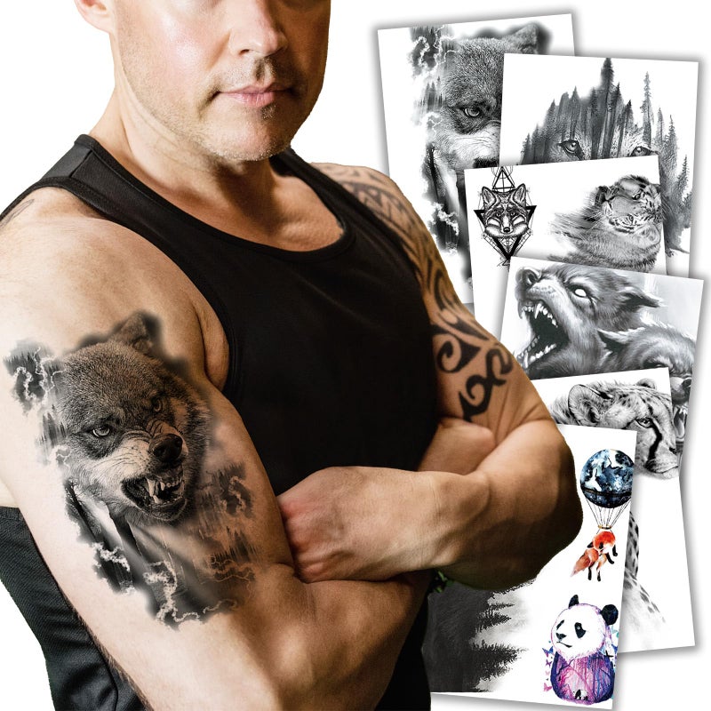 Kotbs 6 Sheets Animal Temporary Tattoos, Black Strong Wolf Tiger Tattoo Stickers for Men Women Adults Waterproof Fake Tattoos - Image 1